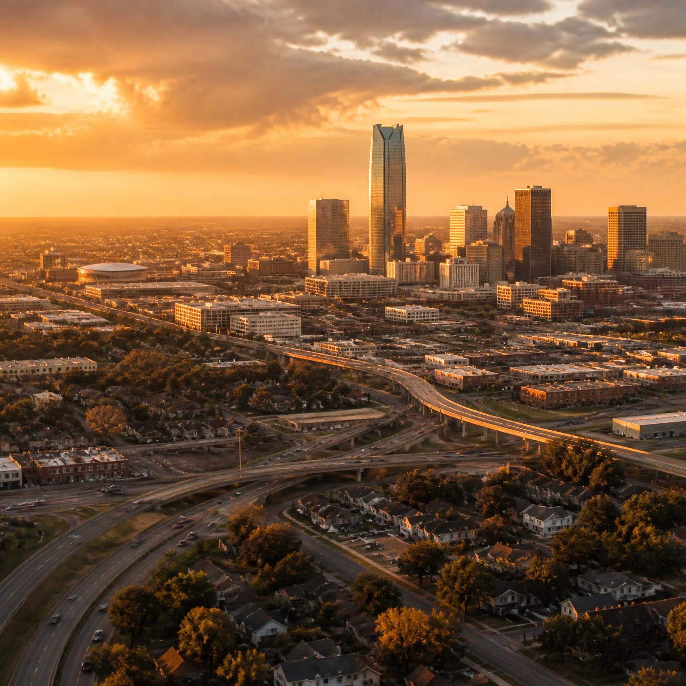 Aerial view of the Oklahoma City metro at golden hour